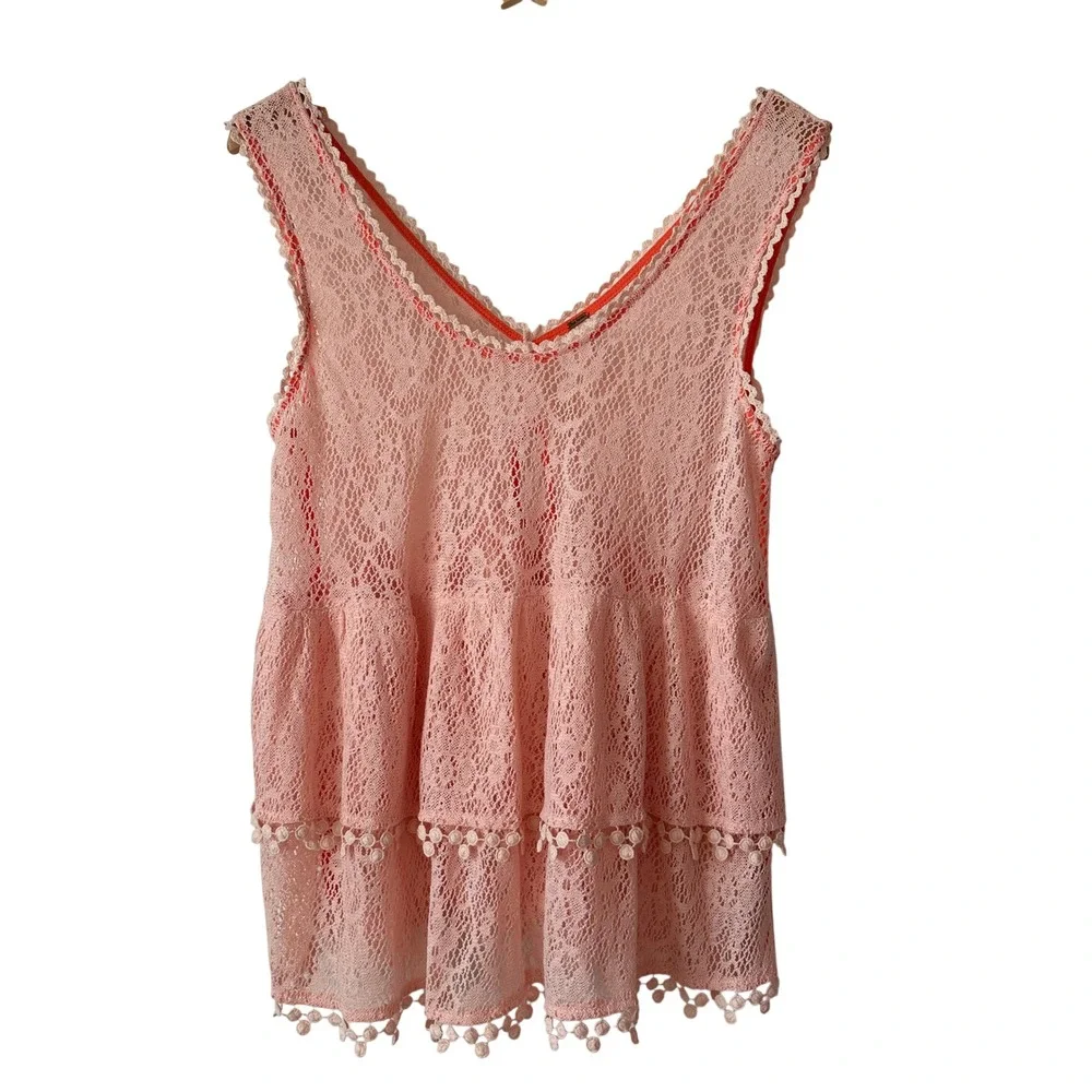 Free People Peach Lace Tiered Babydoll Tank Top Pom Pom Trim Large OB404741